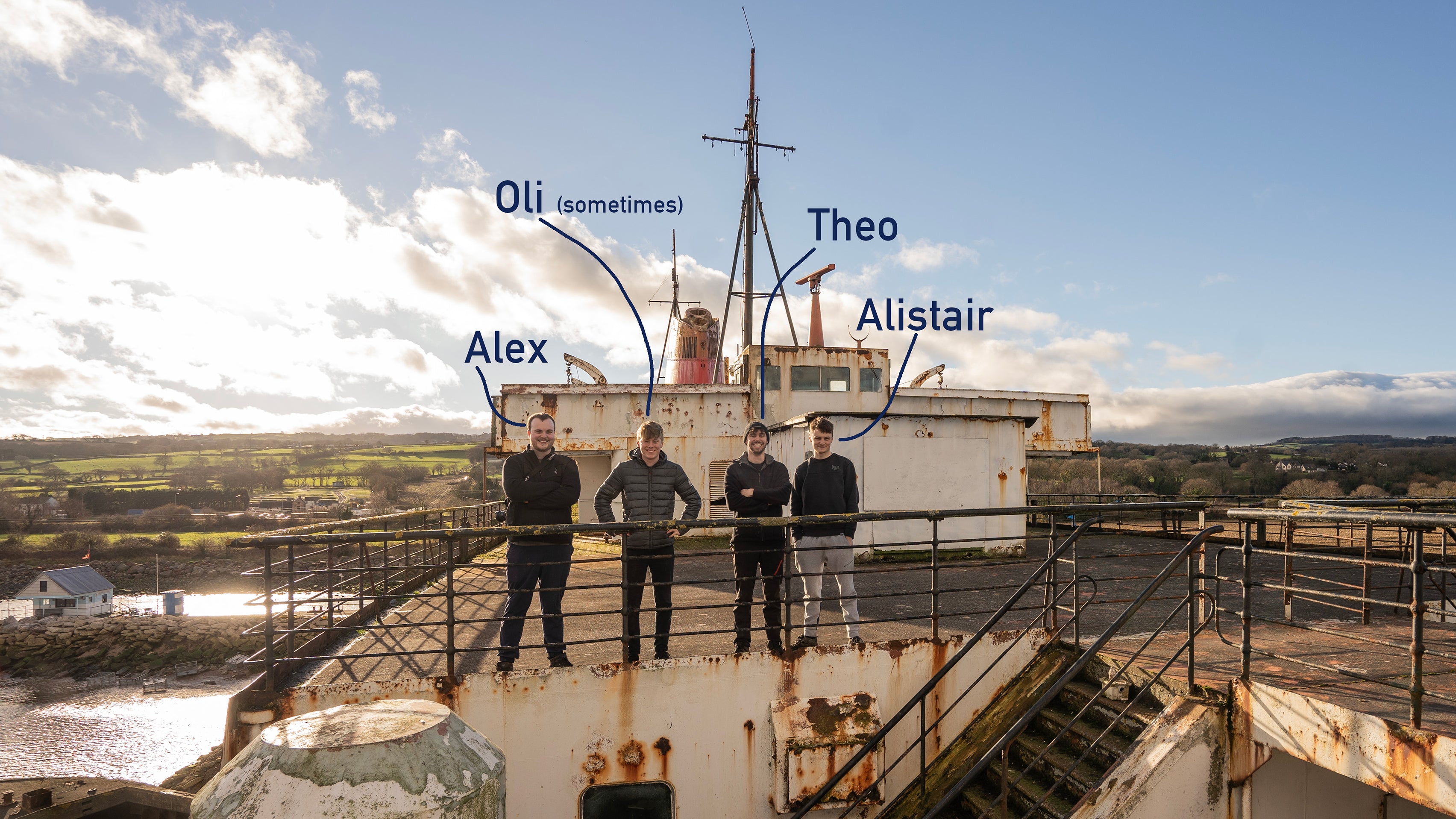 Alex, Oli, Theo and Alistair aboard an abandoned ship, with their names labelled